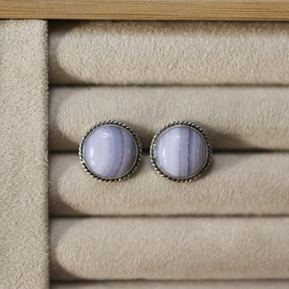 Blue Lace Agate Sterling Silver Stud Earrings - Handmade Silversmith Jewelry