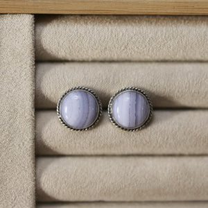 Blue Lace Agate Sterling Silver Stud Earrings - Handmade Silversmith Jewelry
