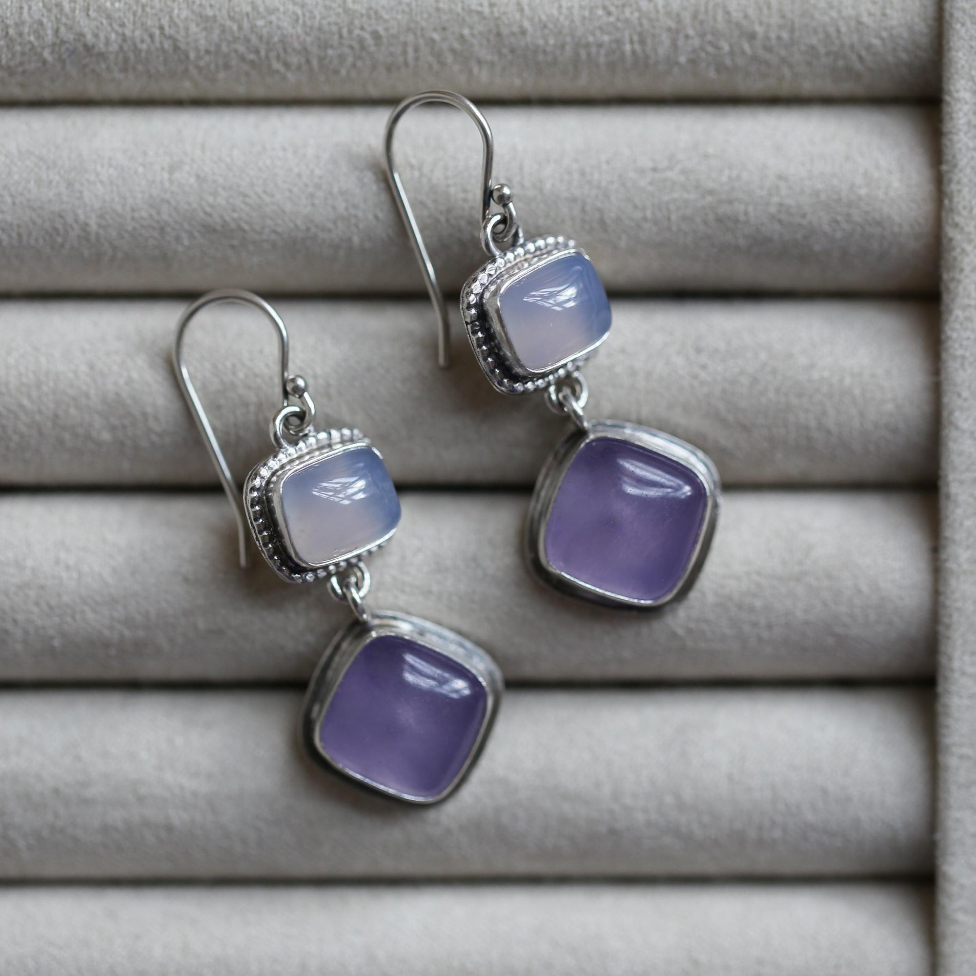 Purple Chalcedony Drop Earrings - Purple and Blue Chalcedony Earrings - Sterling Silver