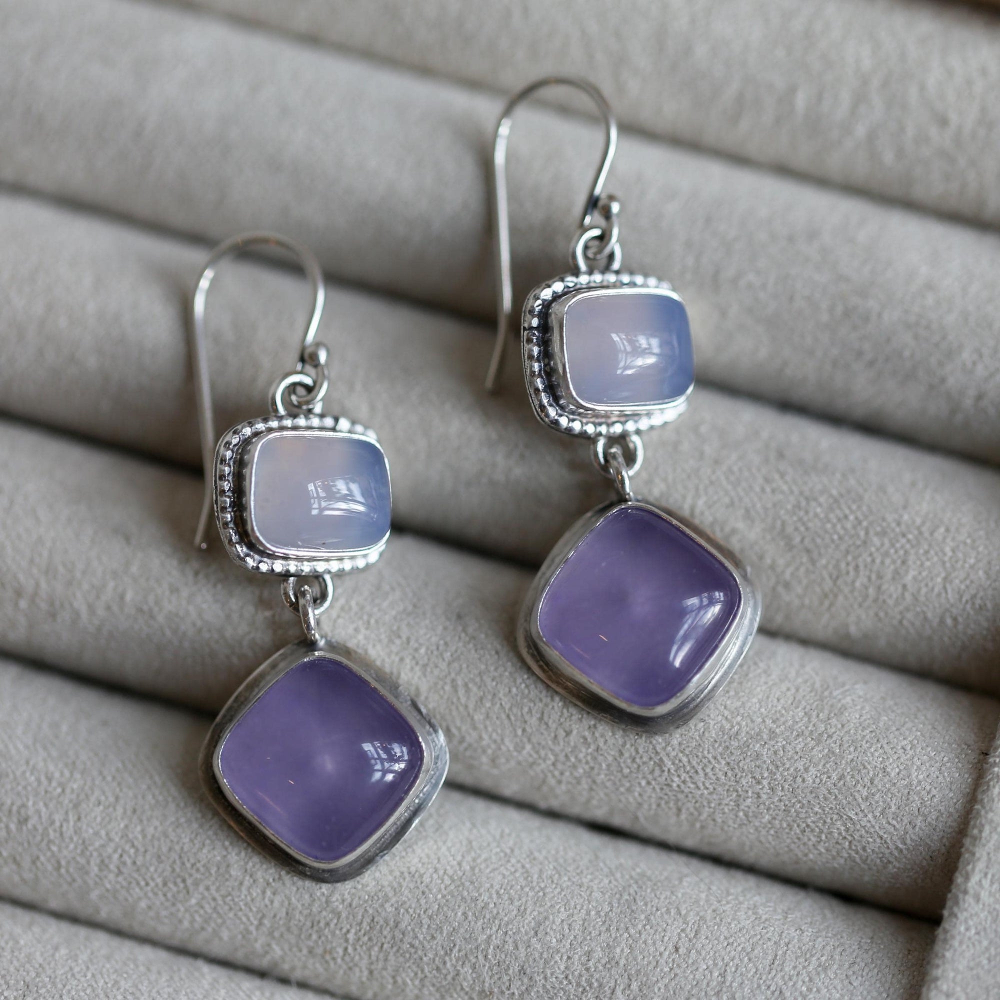 Purple Chalcedony Drop Earrings - Purple and Blue Chalcedony Earrings - Sterling Silver