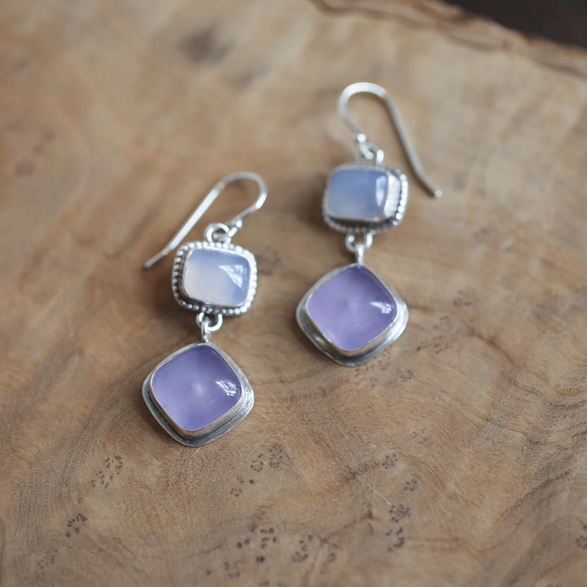 Purple Chalcedony Drop Earrings - Purple and Blue Chalcedony Earrings - Sterling Silver