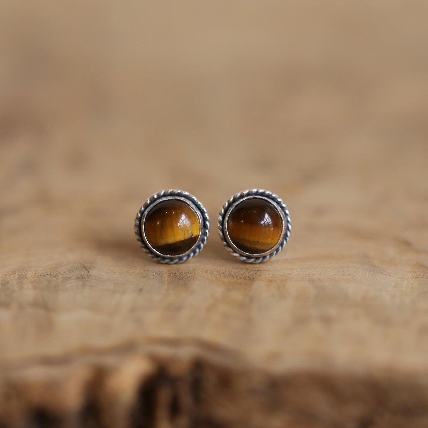 Tiger's Eye Sterling Silver Post Earrings - Traditional Twist Design