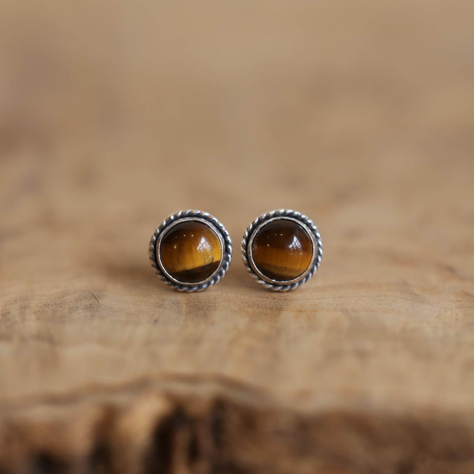 Tiger's Eye Sterling Silver Post Earrings - Traditional Twist Design