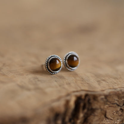 Tiger's Eye Sterling Silver Post Earrings - Traditional Twist Design
