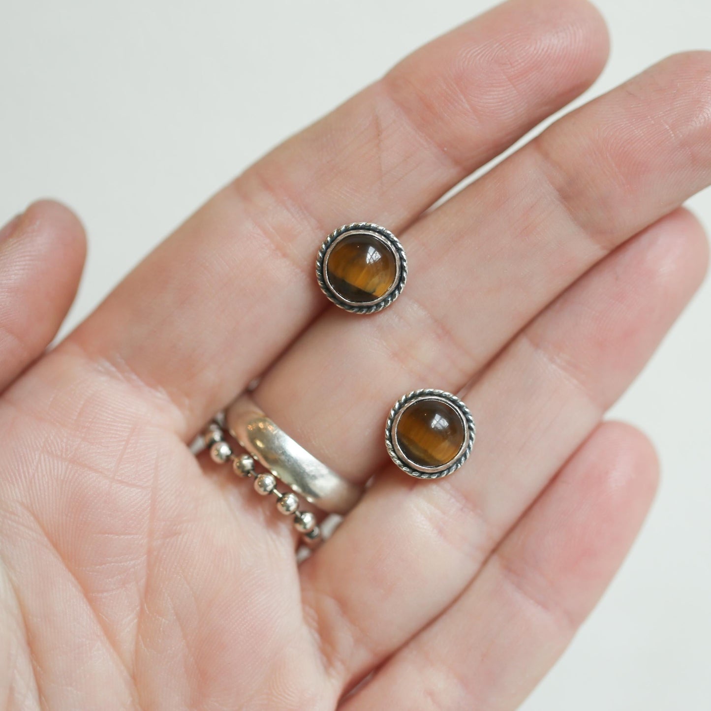 Tiger's Eye Sterling Silver Post Earrings - Traditional Twist Design