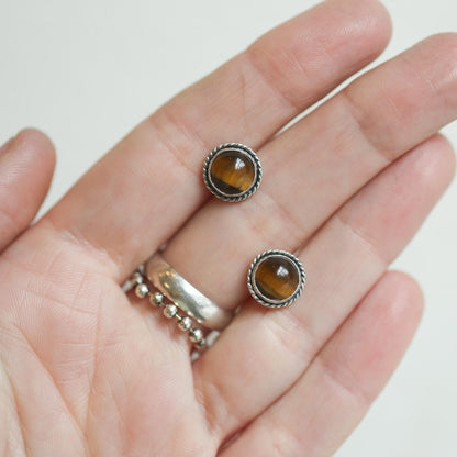 Tiger's Eye Sterling Silver Post Earrings - Traditional Twist Design