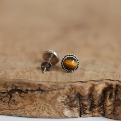 Tiger's Eye Sterling Silver Post Earrings - Traditional Twist Design