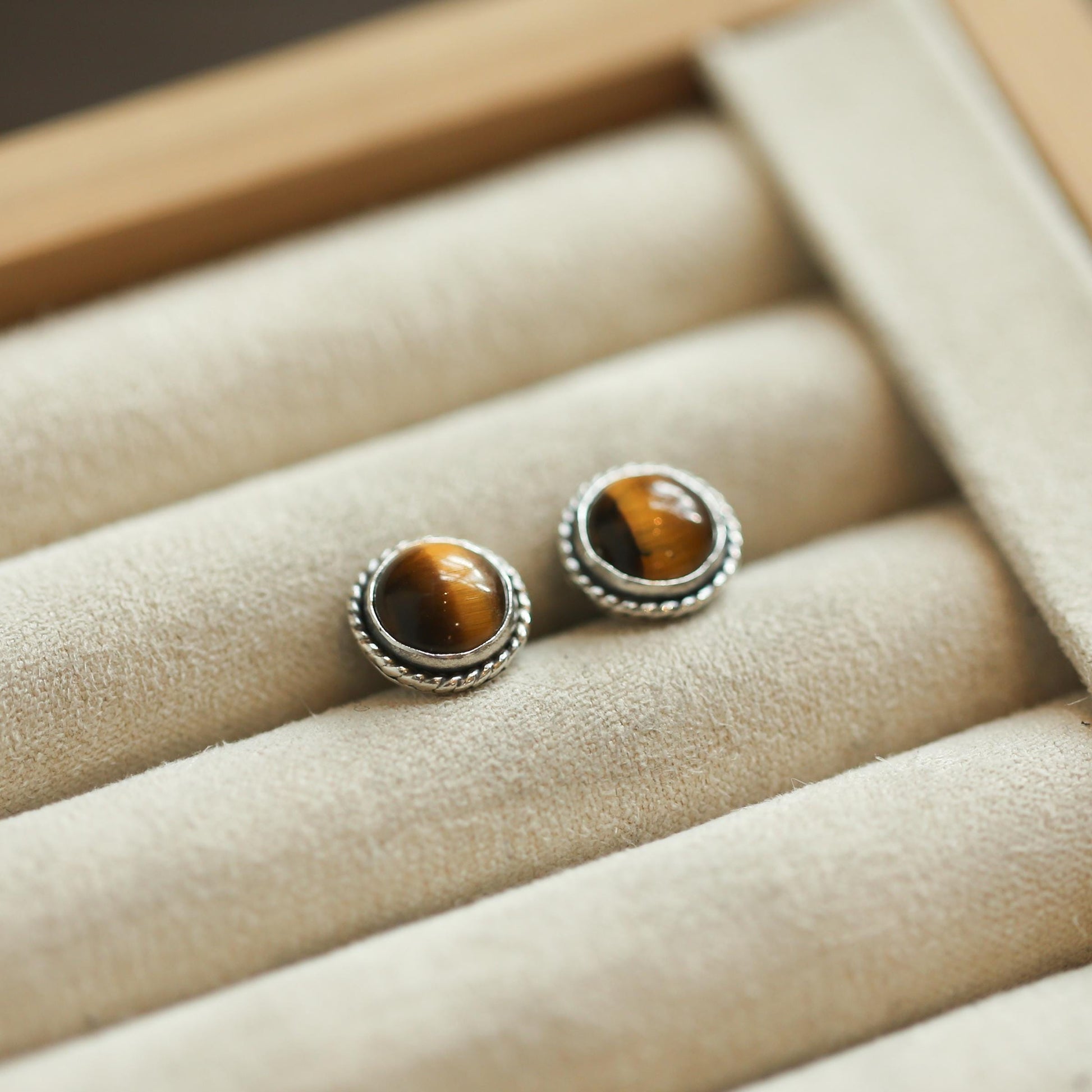Tiger's Eye Sterling Silver Post Earrings - Traditional Twist Design