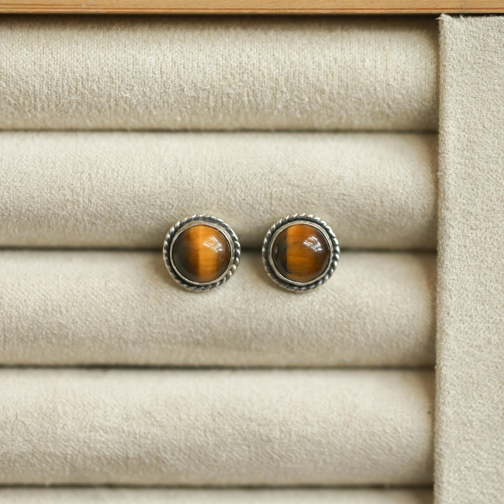 Tiger's Eye Sterling Silver Post Earrings - Traditional Twist Design