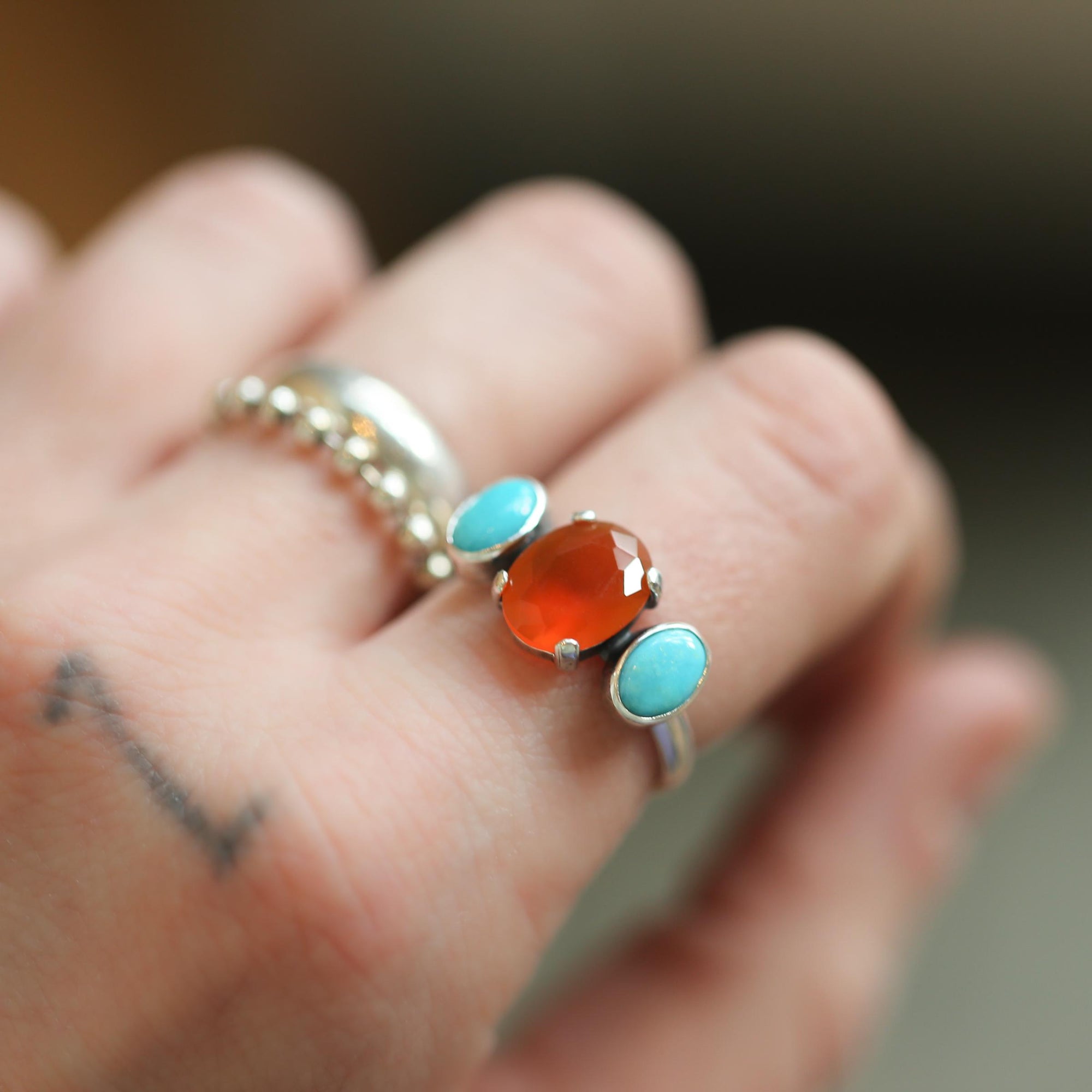 Tri-Stone Ring - Orange Carnelian Ring - Turquoise Ring - Turquoise and Carnelian Stacker Ring