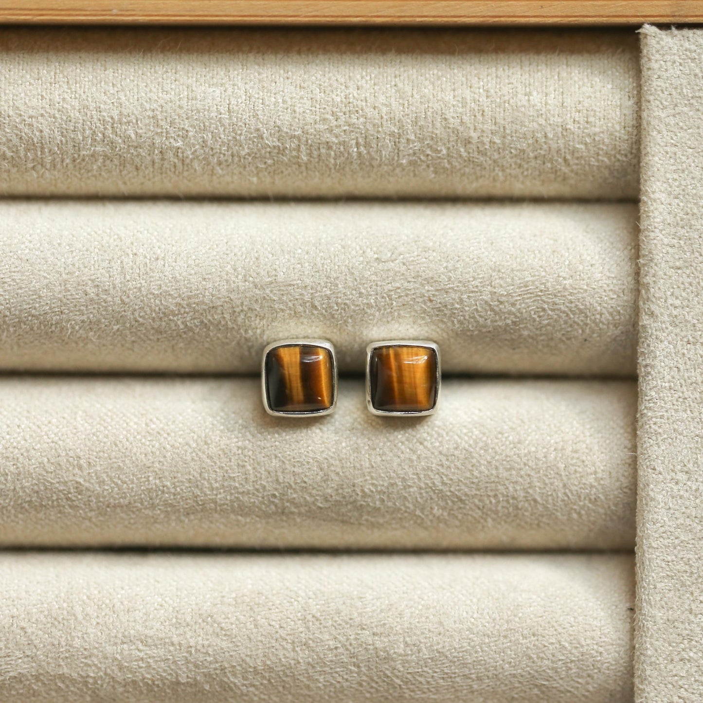 Sterling Silver Tigers Eye Studs – Minimalist Square Earrings