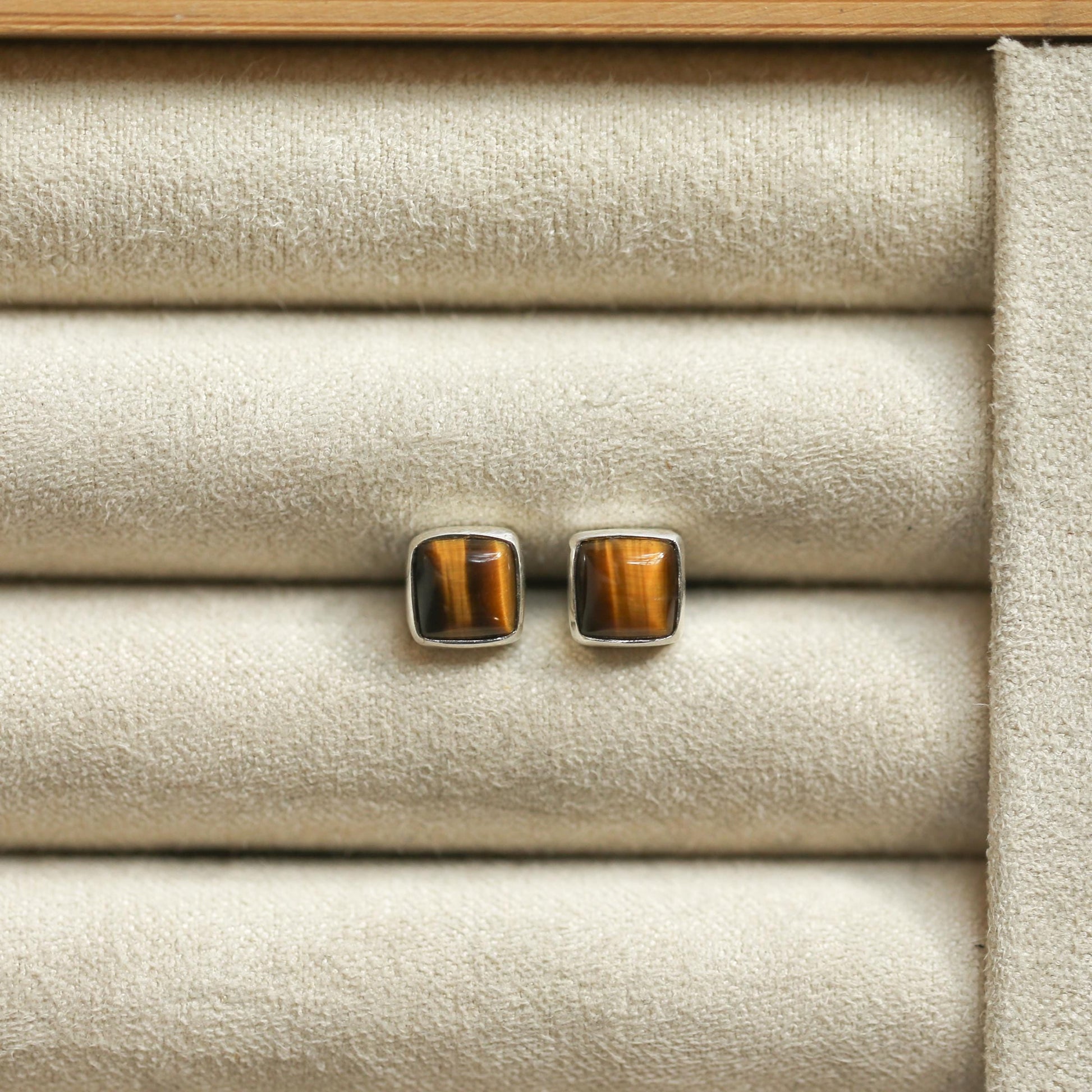 Sterling Silver Tigers Eye Studs – Minimalist Square Earrings