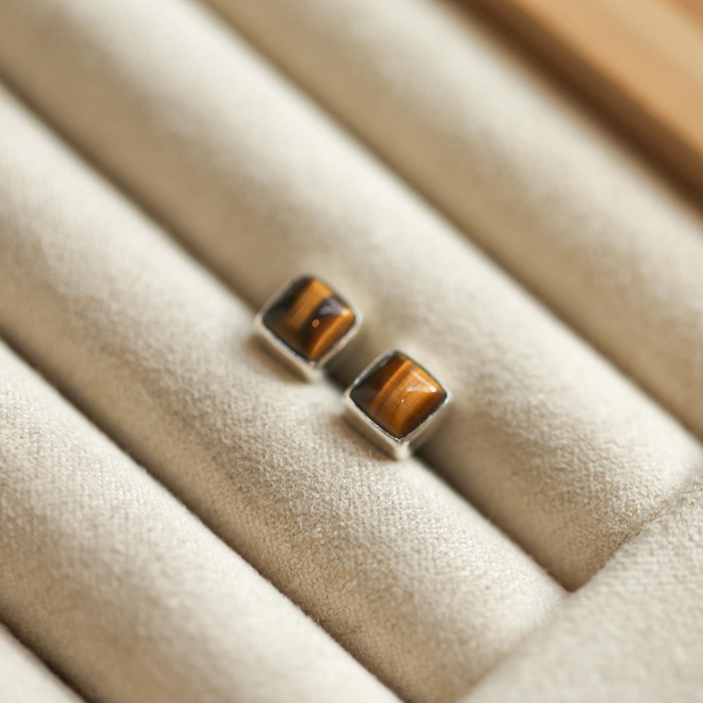 Sterling Silver Tigers Eye Studs – Minimalist Square Earrings