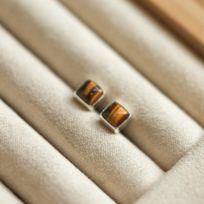 Sterling Silver Tigers Eye Studs – Minimalist Square Earrings