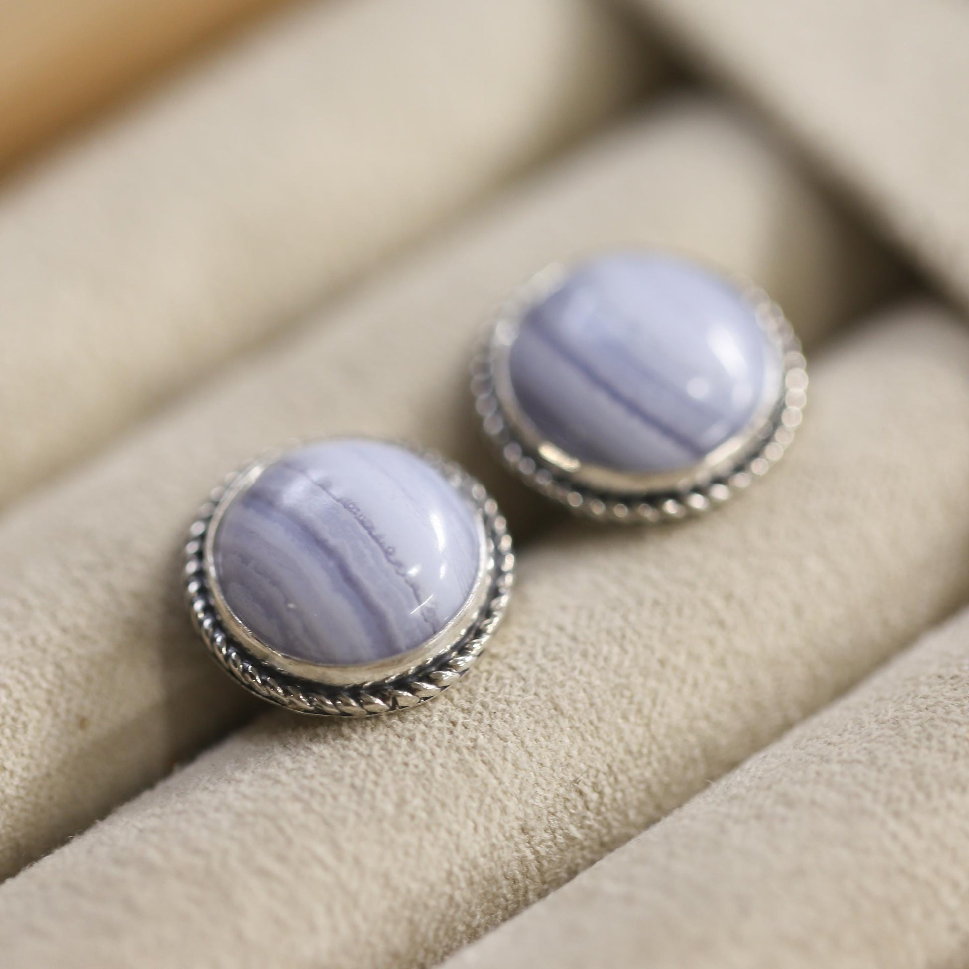 Blue Lace Agate Sterling Silver Stud Earrings - Handmade Silversmith Jewelry