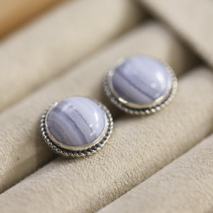 Blue Lace Agate Sterling Silver Stud Earrings - Handmade Silversmith Jewelry
