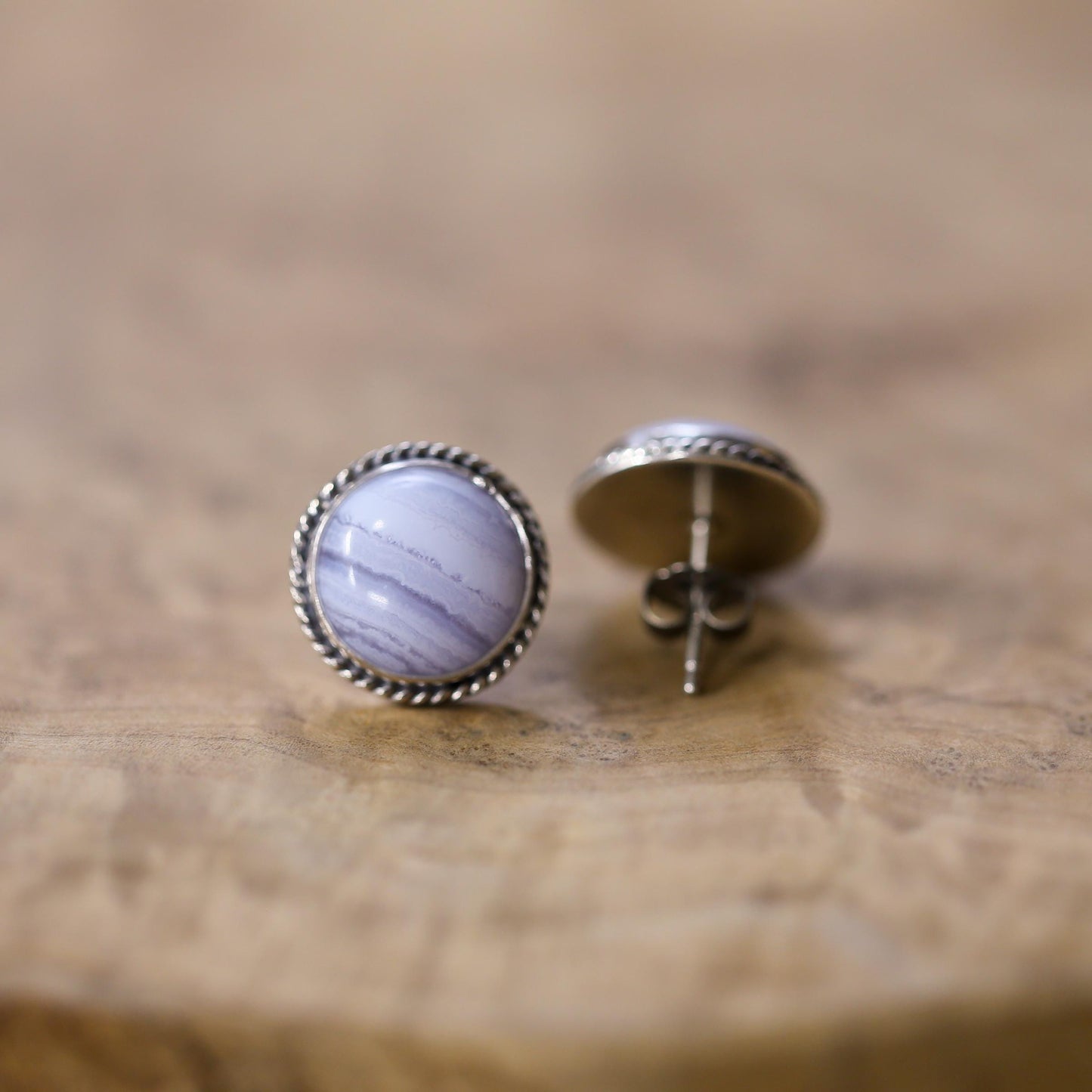 Blue Lace Agate Sterling Silver Stud Earrings - Handmade Silversmith Jewelry