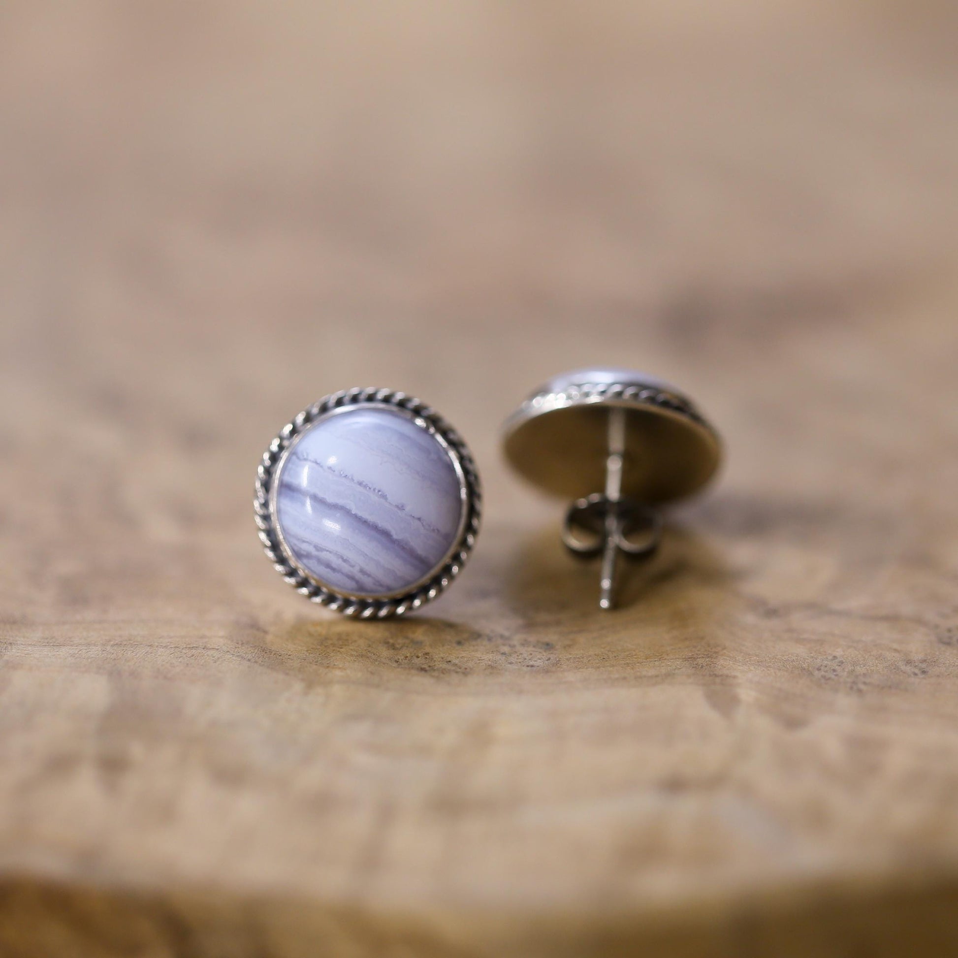 Blue Lace Agate Sterling Silver Stud Earrings - Handmade Silversmith Jewelry
