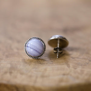 Blue Lace Agate Sterling Silver Stud Earrings - Handmade Silversmith Jewelry