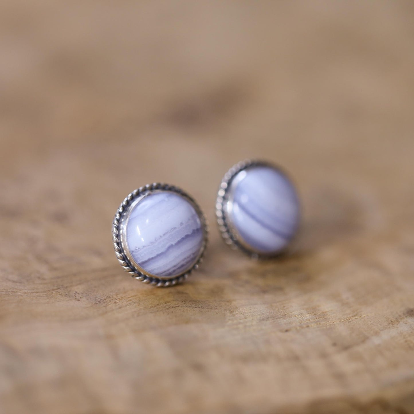 Blue Lace Agate Sterling Silver Stud Earrings - Handmade Silversmith Jewelry