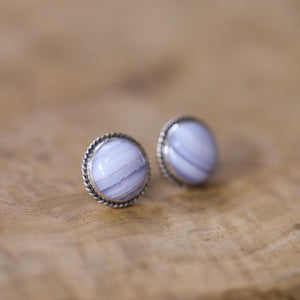 Blue Lace Agate Sterling Silver Stud Earrings - Handmade Silversmith Jewelry