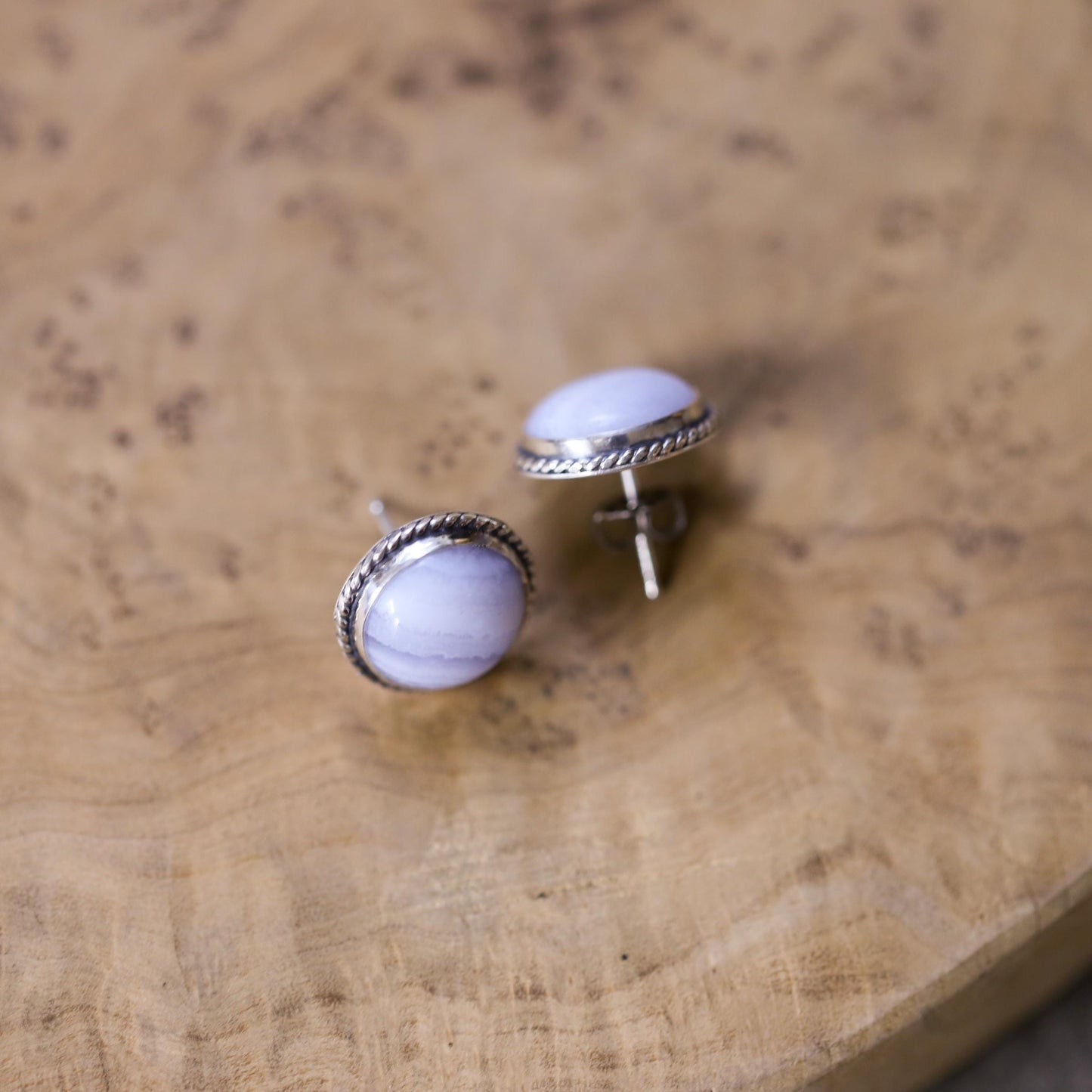 Blue Lace Agate Sterling Silver Stud Earrings - Handmade Silversmith Jewelry