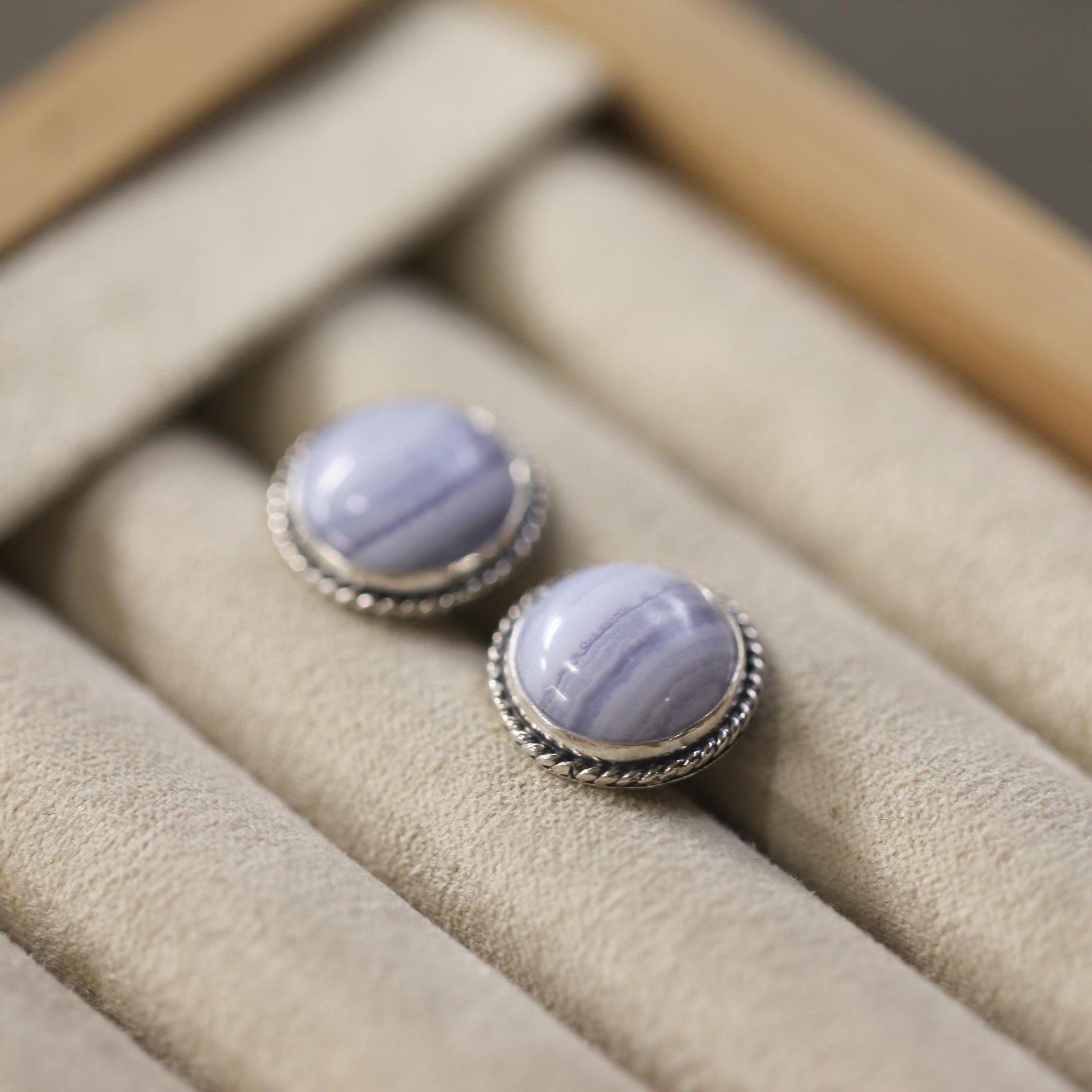Blue Lace Agate Sterling Silver Stud Earrings - Handmade Silversmith Jewelry