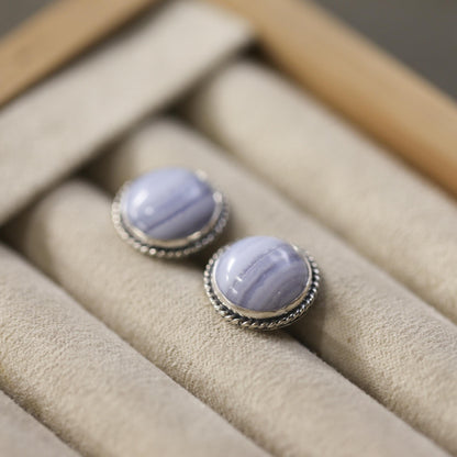 Blue Lace Agate Sterling Silver Stud Earrings - Handmade Silversmith Jewelry