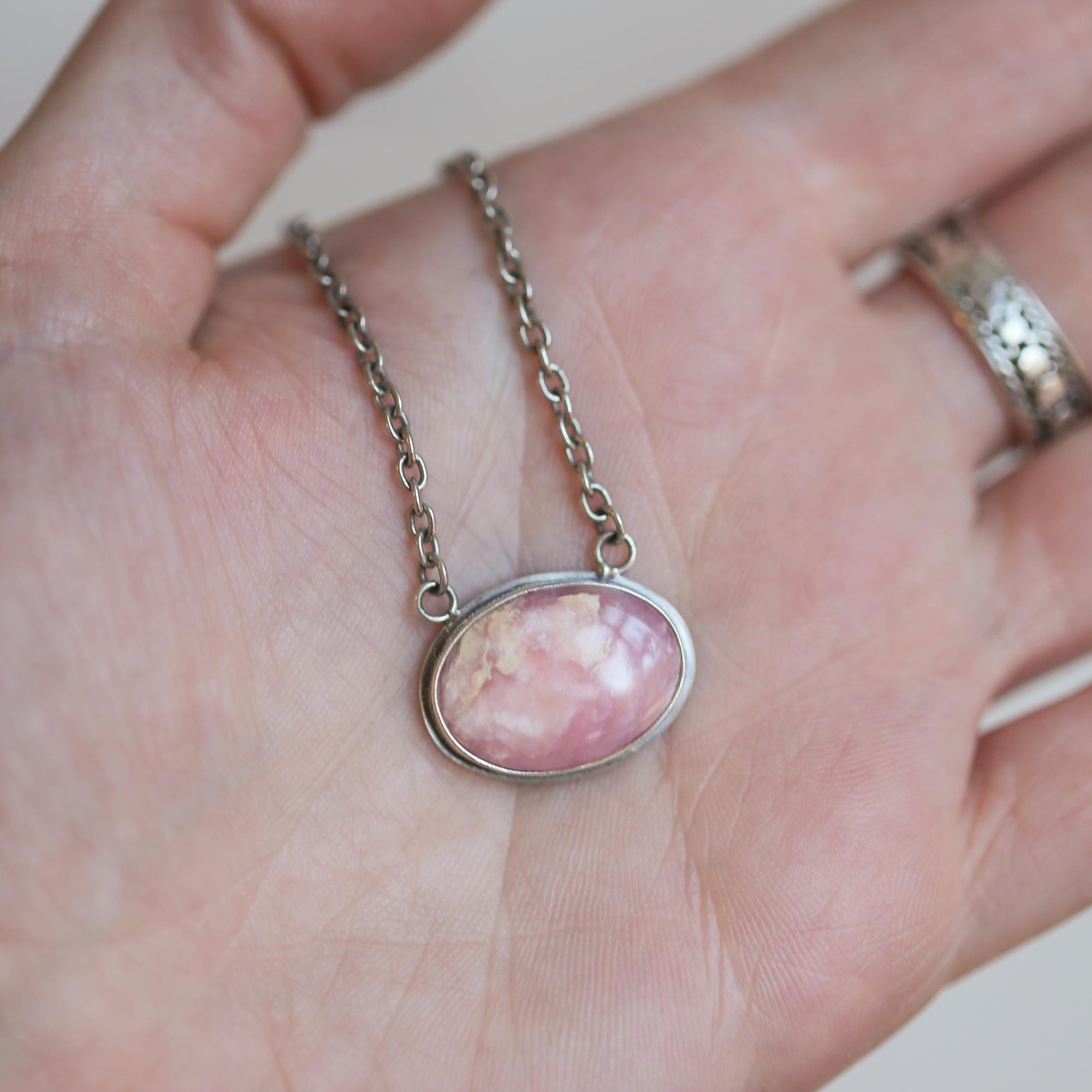 Pink Opal Necklace - Sterling Silver Opal Necklace - Pink Opal Pendant - Silversmith - East West Opal Necklace