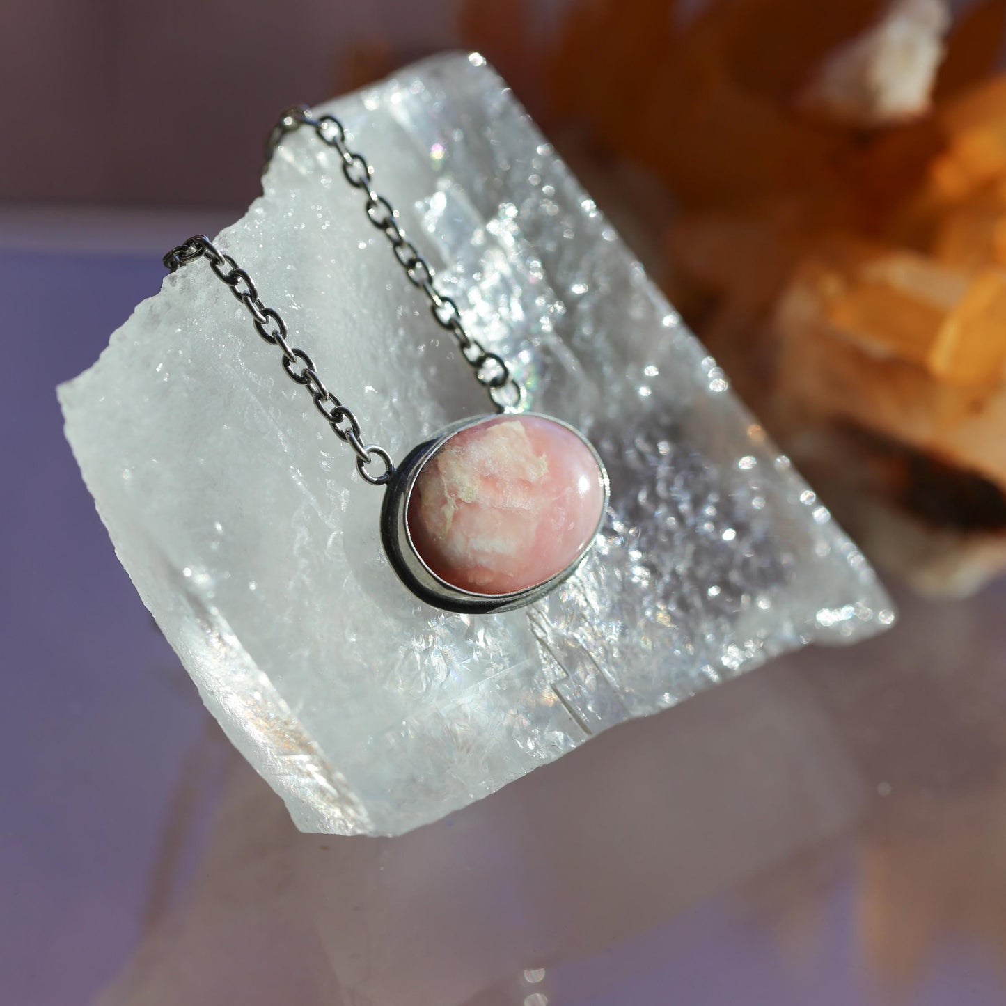 Sterling Silver Pink Opal Necklace - East West Pendant - Choose Your Stone