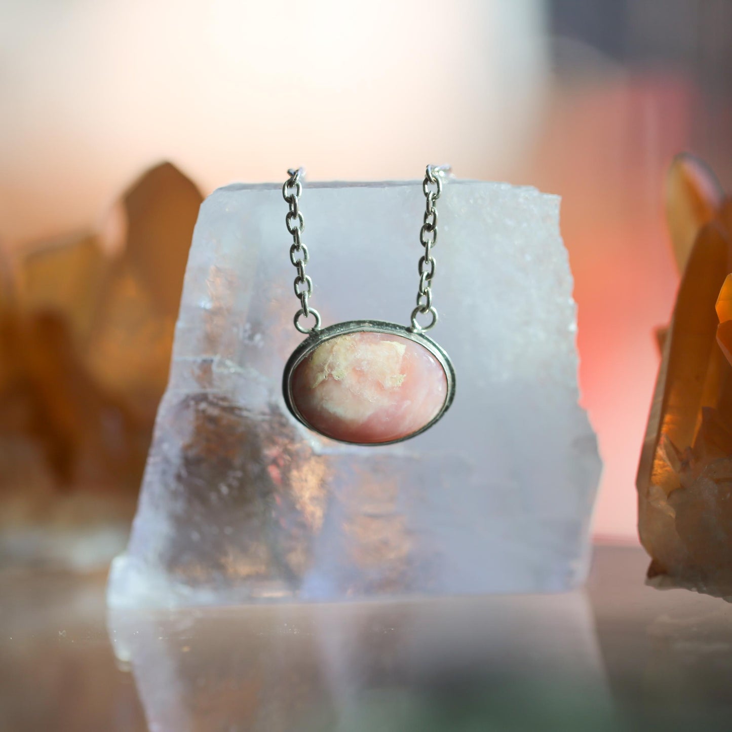 Sterling Silver Pink Opal Necklace - East West Pendant - Choose Your Stone
