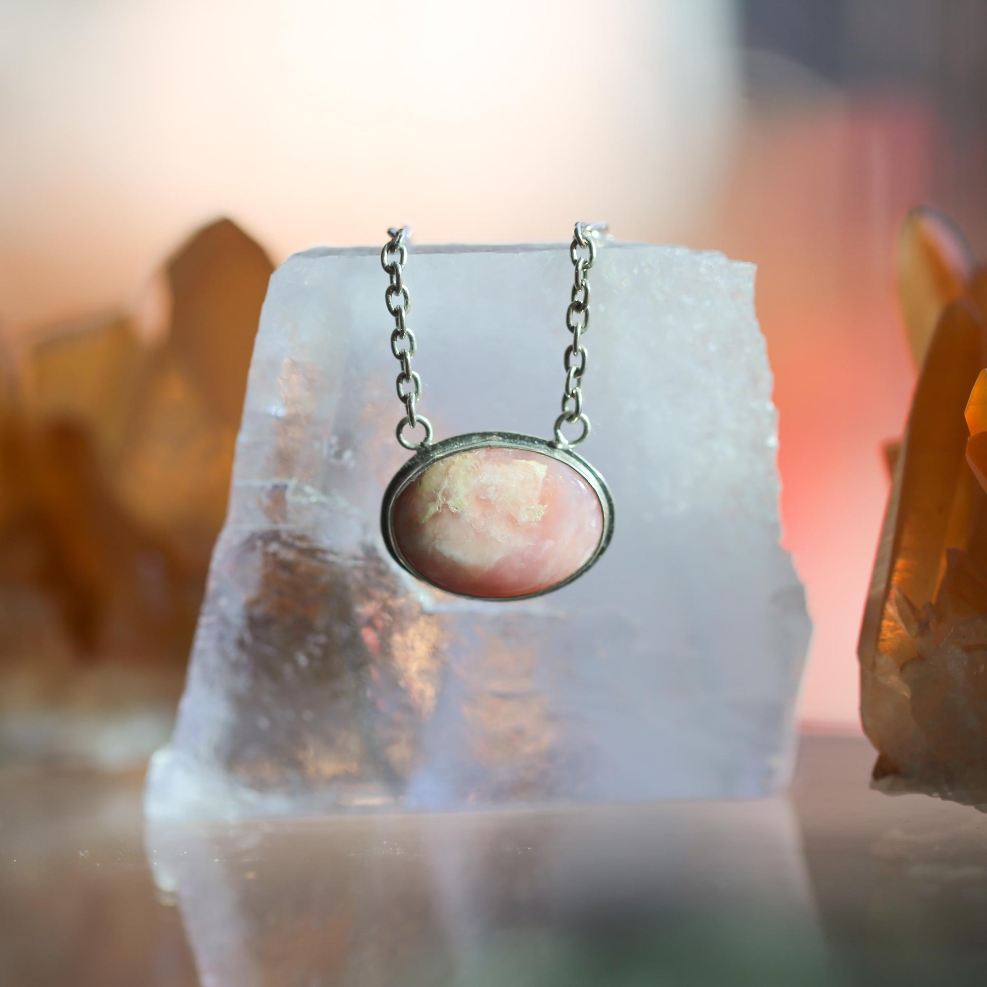 Sterling Silver Pink Opal Necklace - East West Pendant - Choose Your Stone