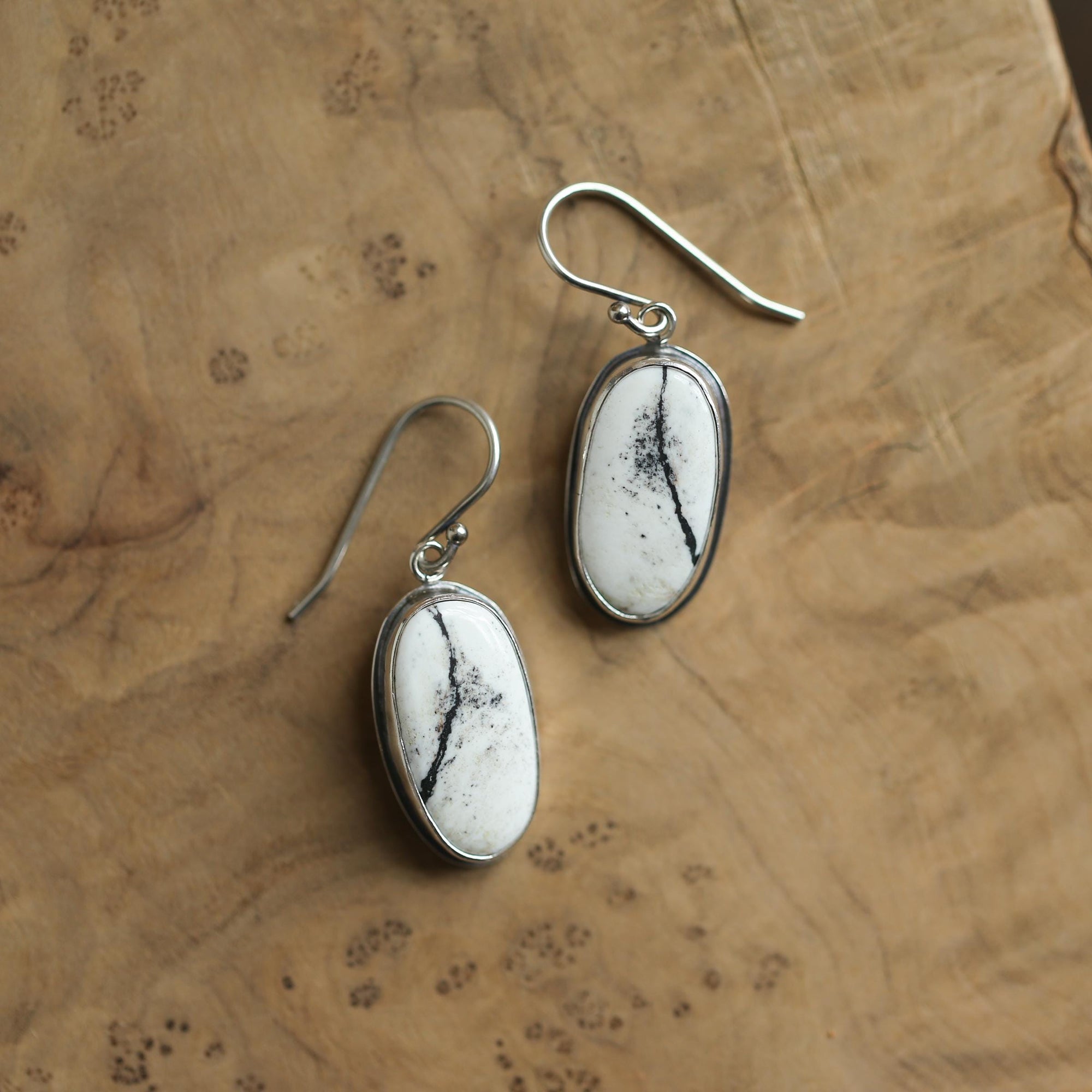 White Buffalo Drop Earrings - Nevada White Buffalo - Sterling Silver Earrings