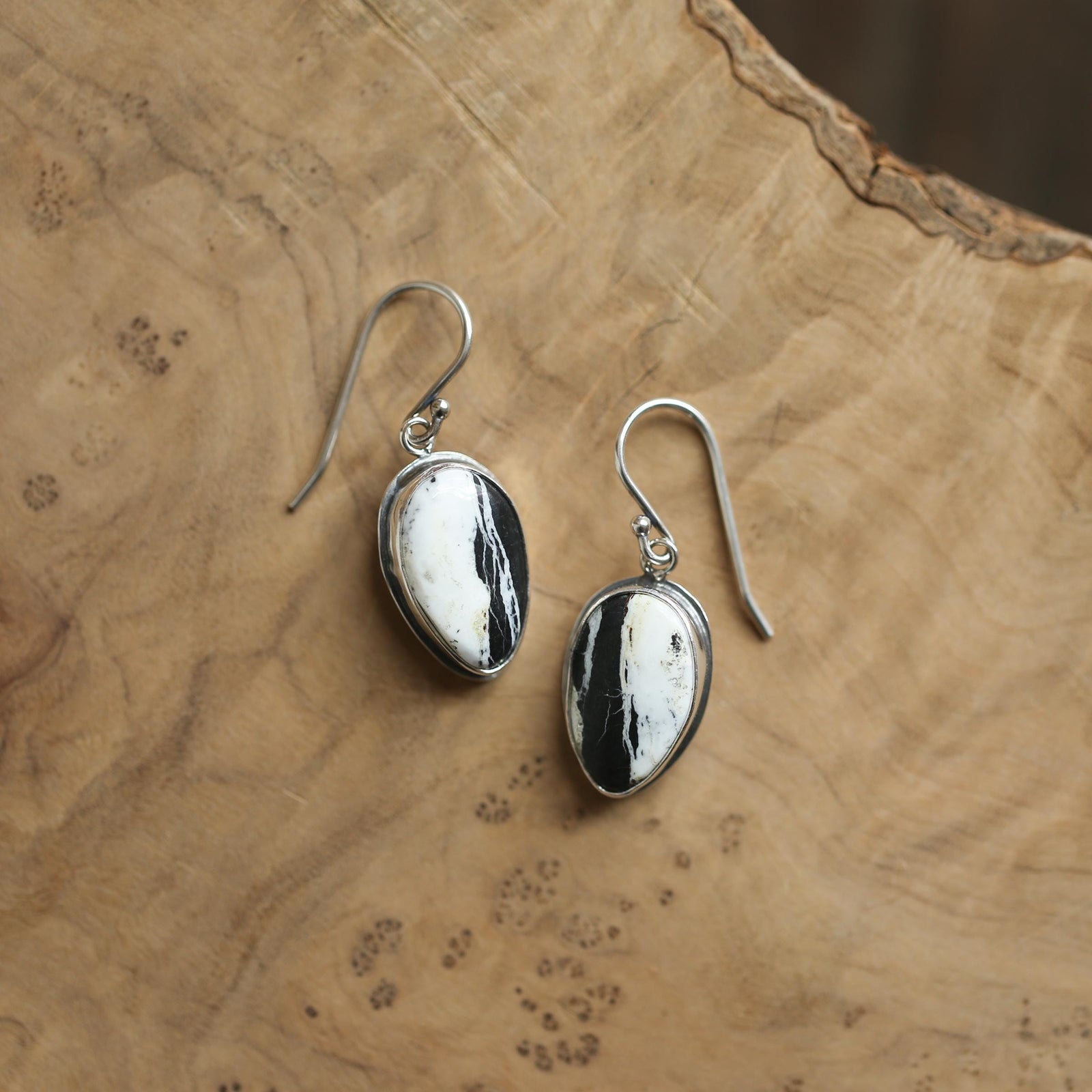 White Buffalo Drop Earrings - Nevada White Buffalo - Sterling Silver Earrings
