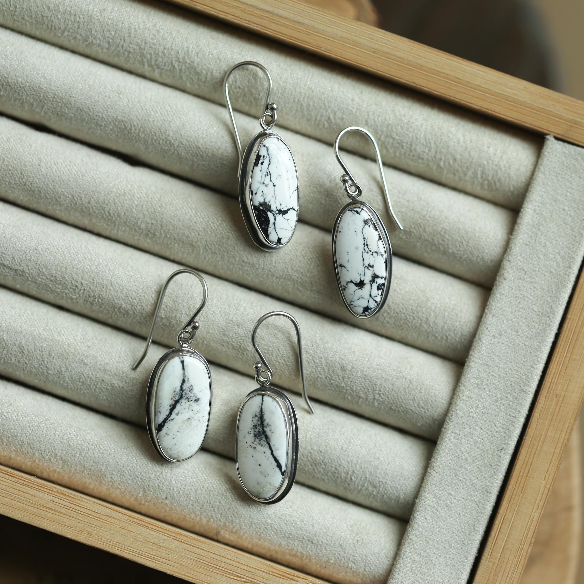 White Buffalo Drop Earrings - Nevada White Buffalo - Sterling Silver Earrings