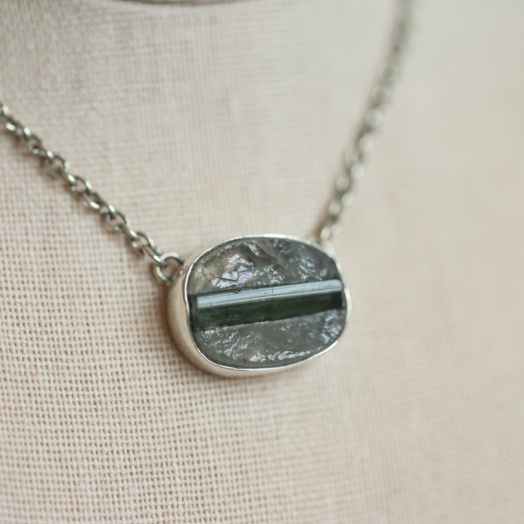 Raw Tourmaline in Quartz Necklace - Raw Tourmaline Necklace - OOAK Silversmith