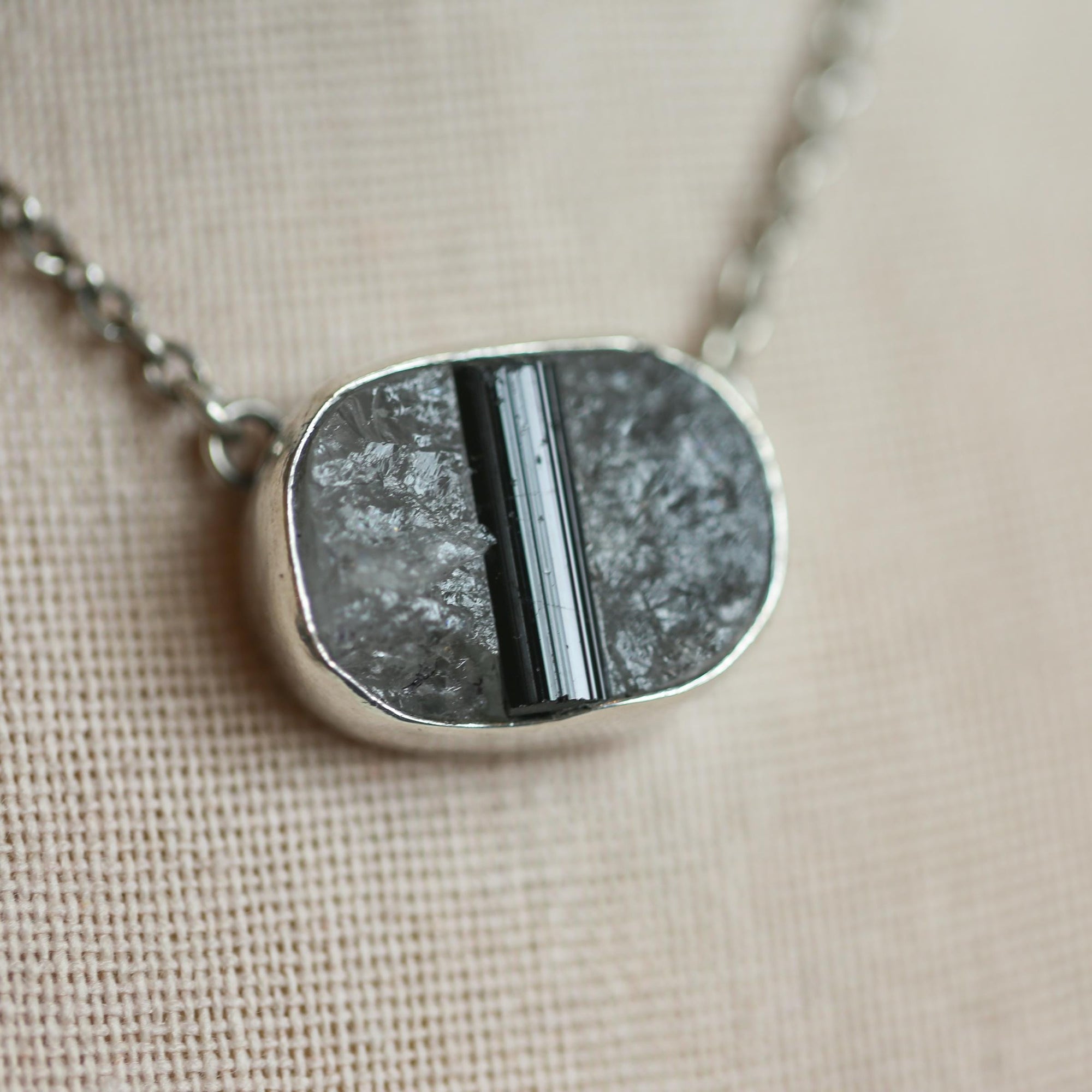 Raw Tourmaline in Quartz Necklace - Raw Tourmaline Necklace - OOAK Silversmith