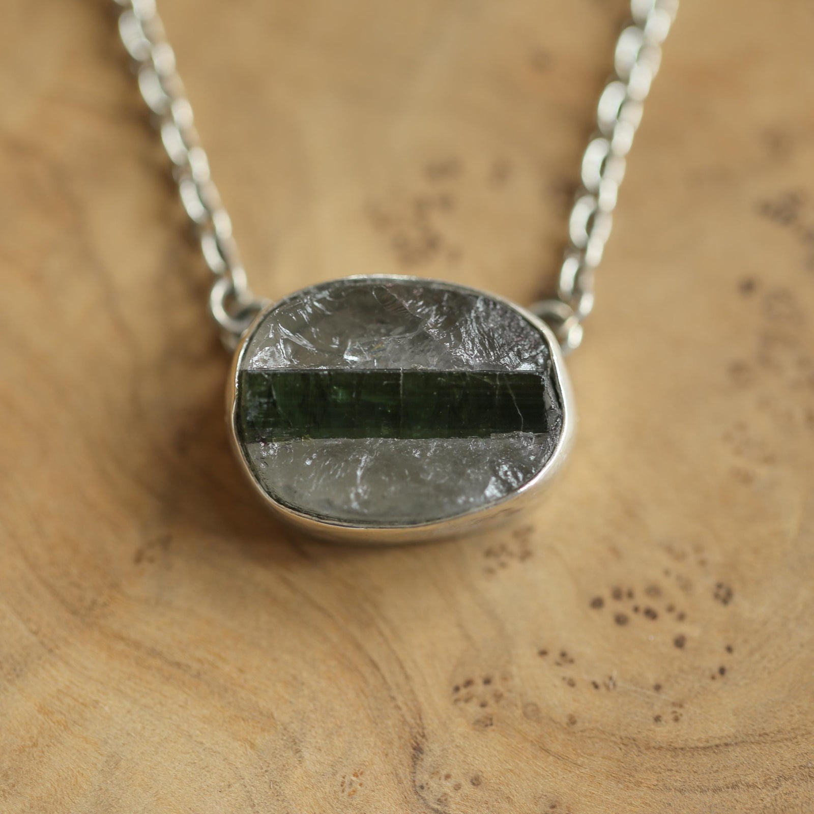 Raw Tourmaline in Quartz Necklace - Raw Tourmaline Necklace - OOAK Silversmith