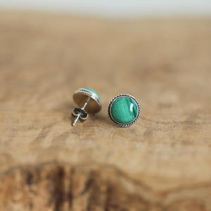 Sterling Silver Malachite Stud Earrings – Traditional Bezel Set