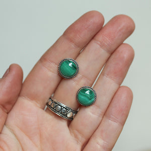 Sterling Silver Malachite Stud Earrings – Traditional Bezel Set