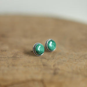 Sterling Silver Malachite Stud Earrings – Traditional Bezel Set