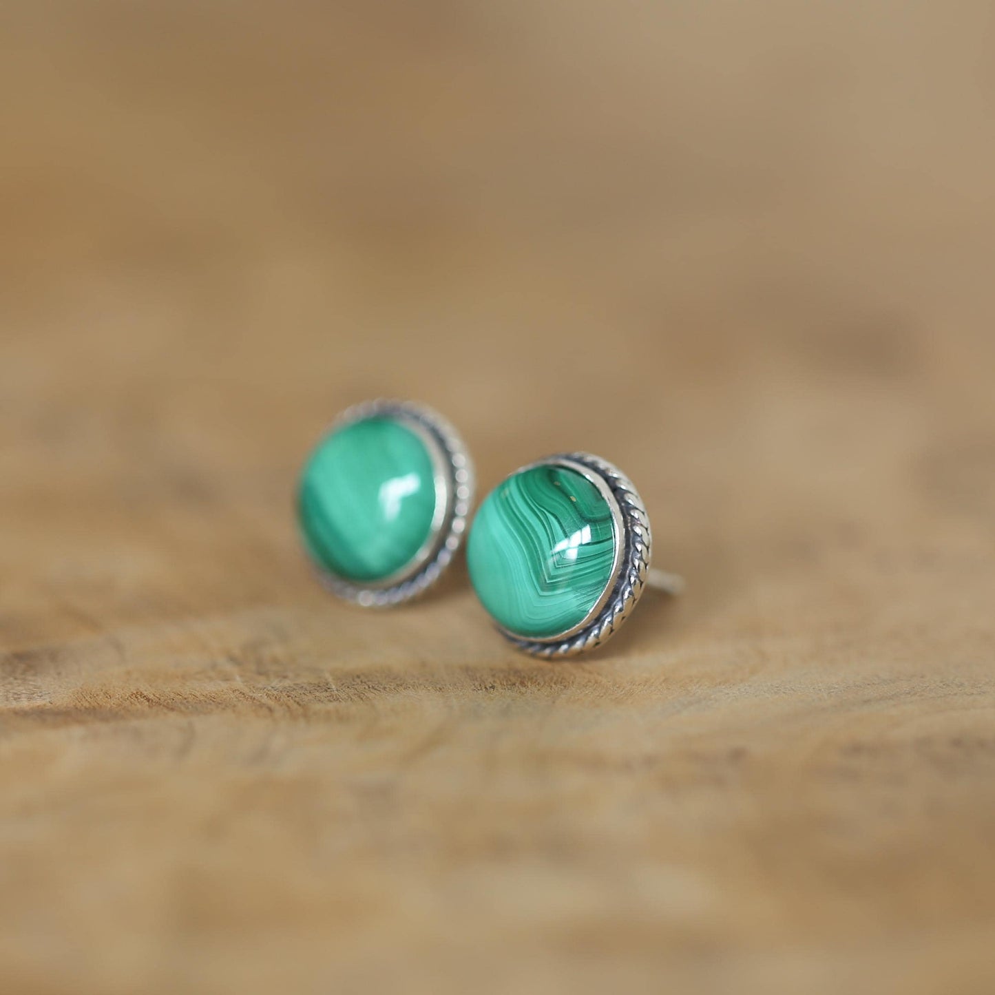 Sterling Silver Malachite Stud Earrings – Traditional Bezel Set