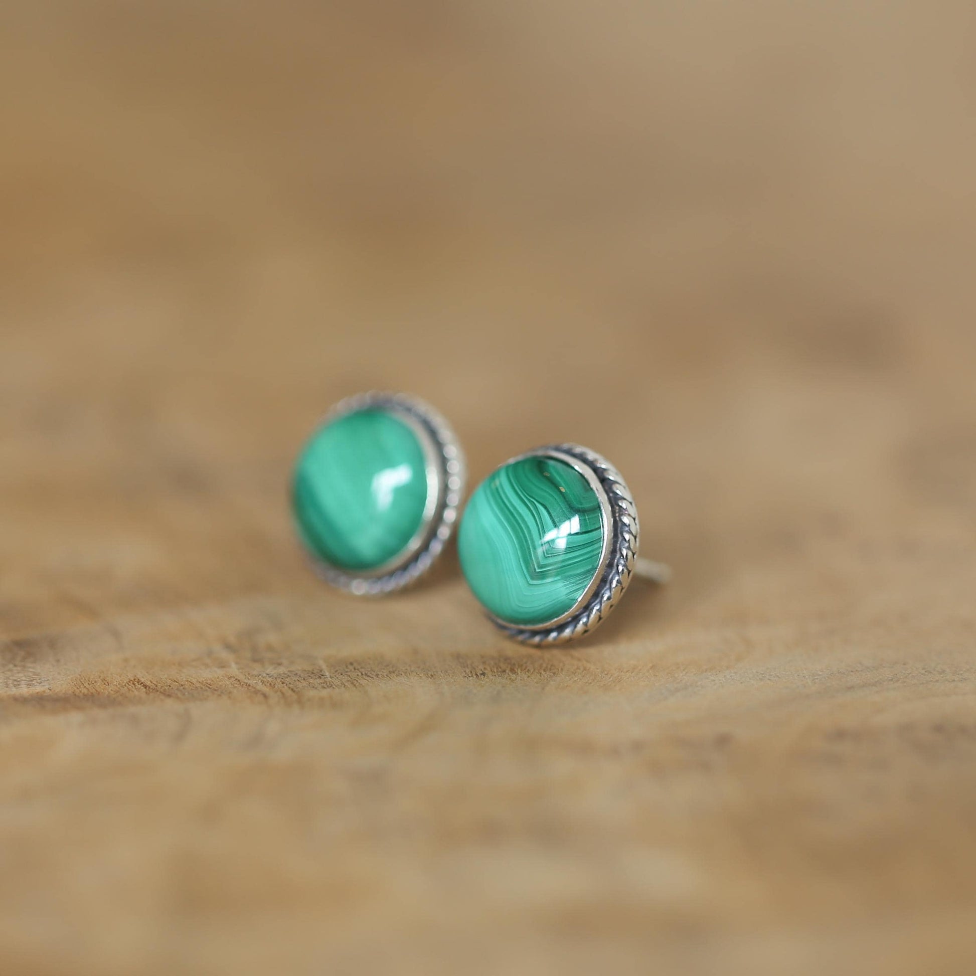 Sterling Silver Malachite Stud Earrings – Traditional Bezel Set