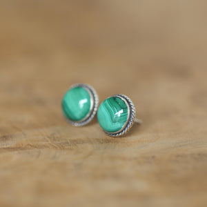 Sterling Silver Malachite Stud Earrings – Traditional Bezel Set