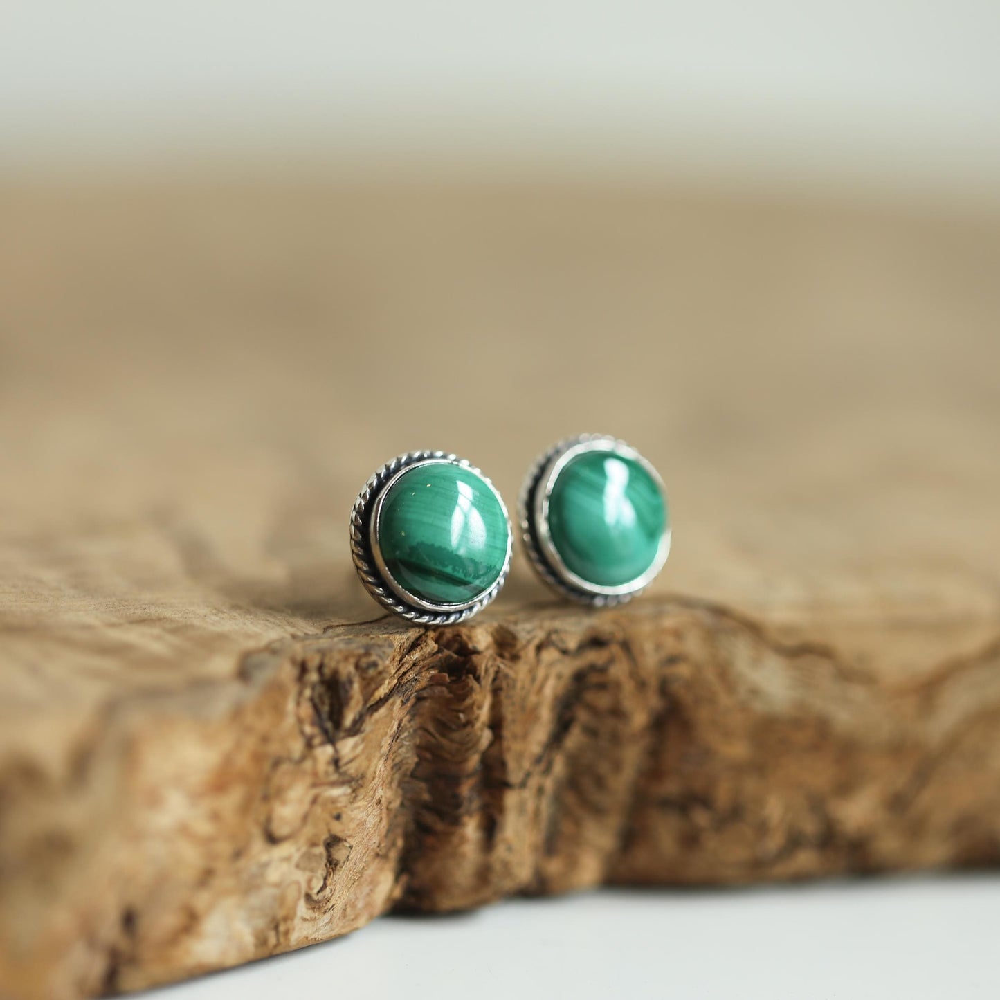 Sterling Silver Malachite Stud Earrings – Traditional Bezel Set