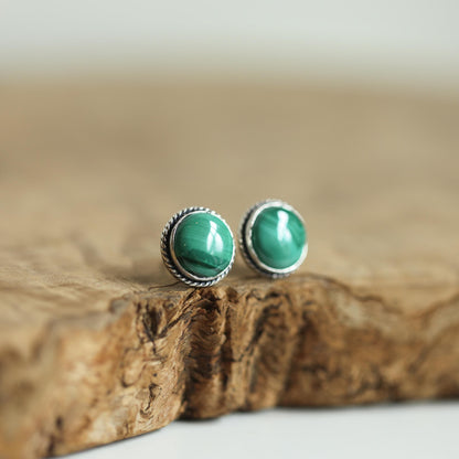 Sterling Silver Malachite Stud Earrings – Traditional Bezel Set