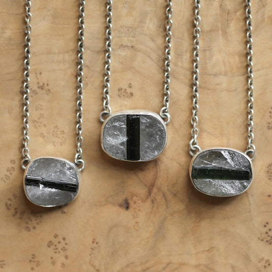 Raw Tourmaline in Quartz Necklace - Raw Tourmaline Necklace - OOAK Silversmith