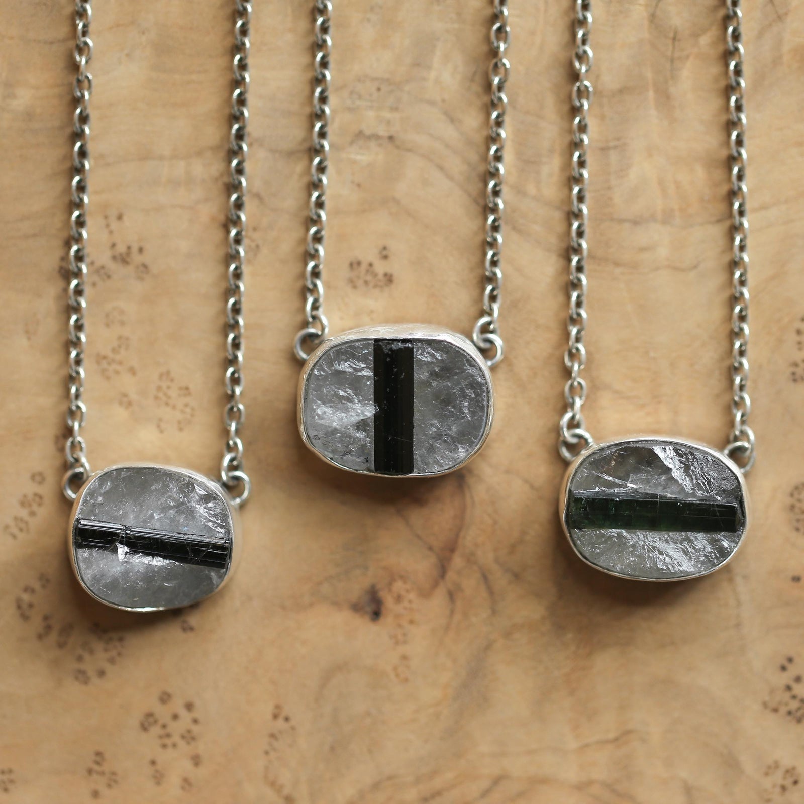Raw Tourmaline in Quartz Necklace - Raw Tourmaline Necklace - OOAK Silversmith