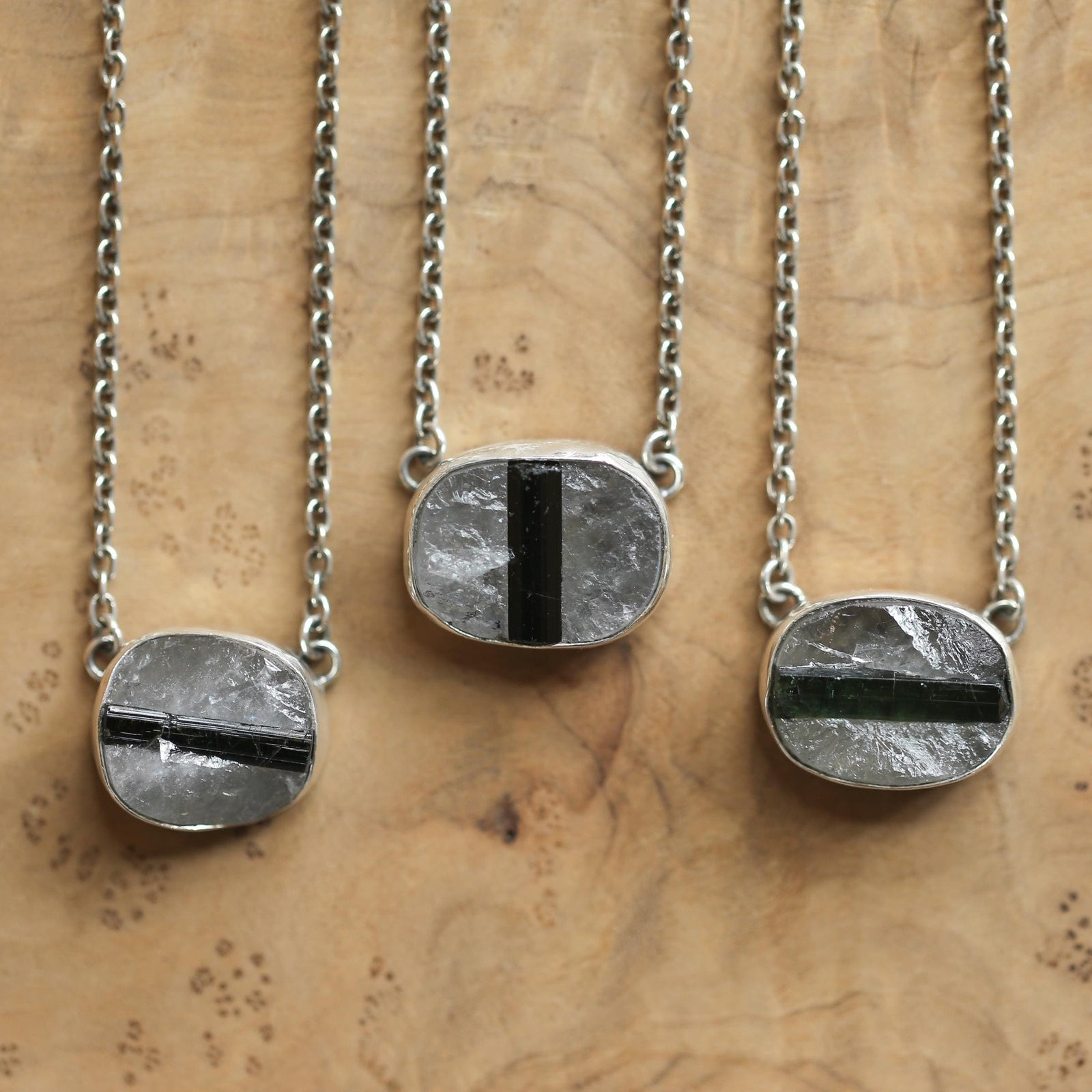 Raw Tourmaline in Quartz Necklace - Raw Tourmaline Necklace - OOAK Silversmith