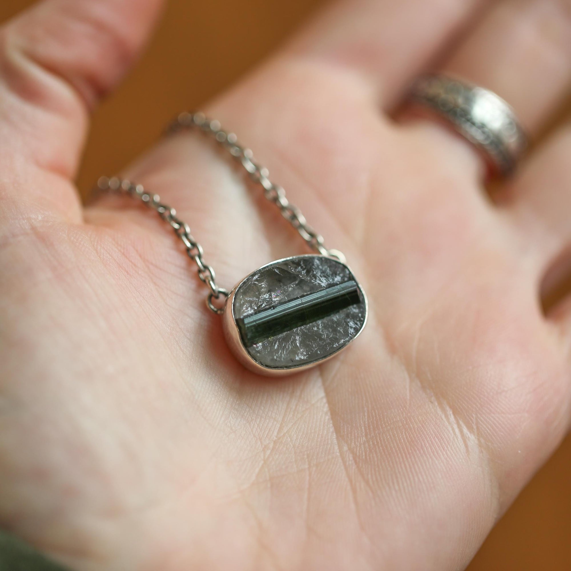 Raw Tourmaline in Quartz Necklace - Raw Tourmaline Necklace - OOAK Silversmith